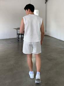 SHEIN Leap Crew 2pcs/Set Teen Boys Casual Wide Strap Tank Top And Shorts Set, Street/Punk/Rock/College Style For Daily Wear, Party, Music Festival. Suitable For Spring/Summer - White - View 2