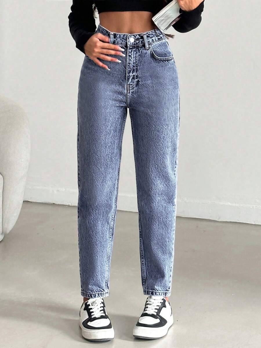 EURMUSE 100%纯棉女士高腰锥形牛仔裤