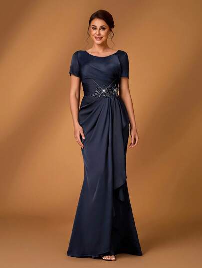 Serin Summer Elegant Gorgeous Romantic Dark Blue Satin Round Neck Small Cap Sleeves Luxurious Beads Sequins Applique Pleated Asymmetrical Ruffles Patch Micro Fishtail Hem Suitable For Dinner Dance Bachelorette Party Holiday Date Music Festival Graduation Season Wedding Event Bride Mother Dress