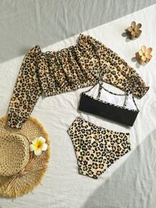 Tween Girls 2 Pieces Leopard Print Patchwork Bikini Set With Cover-Up Top - Multicolor - View 6