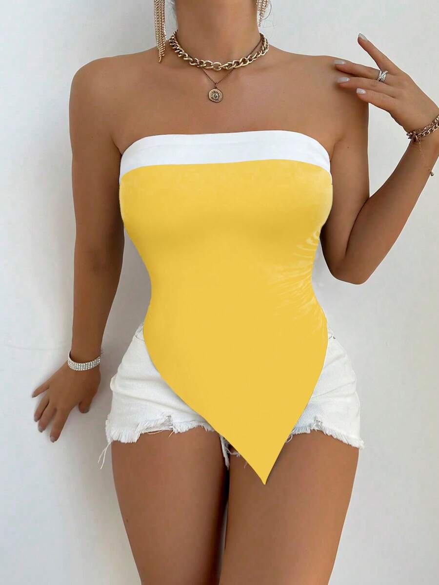 Zolique Summer Casual Contrast Color Block Asymmetrical Hem Tube Top - Yellow - View 1