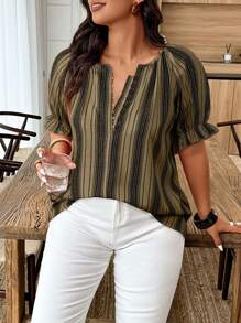 SHEIN LUNE Plus Size Women's V-Neck Striped Print Decorated Button-Up Shirt - Multicolor - View 3