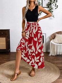 Chiquease Spring And Summer Printed Splicing Maxi Dress (Medium Length A-Line Sleeveless Knitted Splicing A-Line Shuttlecock Leaf Printed Dress) Vacation Beach Outfits Women - Red - View 3