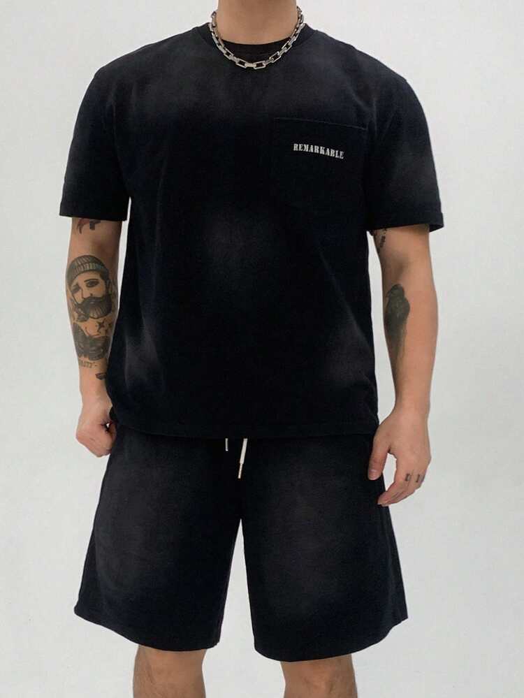 Summertime Letter Print Washed Black Edgy Design Men's T-Shirt Set