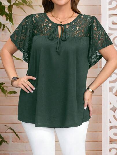 EMERY ROSE Plus Size Women Elegant Contrast Lace Knotted Collar Blouse, Summer Women Top
