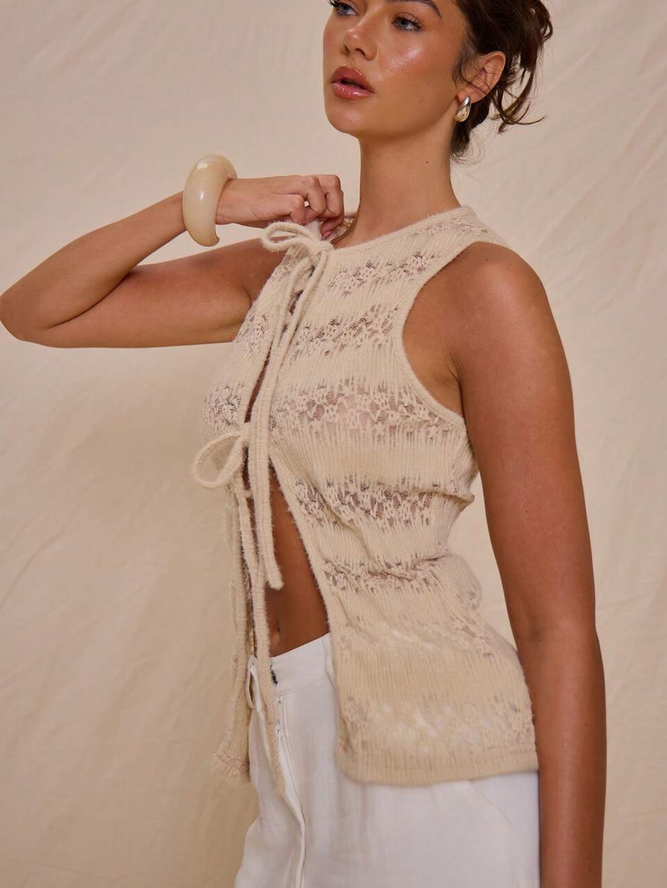 Knit Sleeveless Tie Detail Tank Top Fitted For Summer Holiday Spring