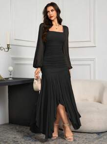 Modelyn Women's Elegant Solid Color Lantern Sleeve Fishtail Dress - Black - View 7