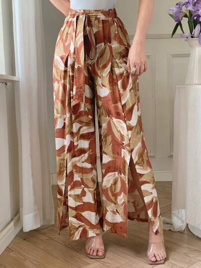 DAZY Full Floral Print Wide Leg Tied Waist Floor Length Split Pants For Women