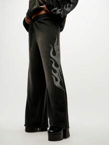 SUMWON WOMEN Oversized Gothic Flame Print Jogger Sweatpants Streetwear Athletic Loungewear Winter Fall Workout Track Pants With Drawstring Elastic Waist Wide Leg ComFort - Black - View 6