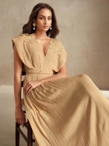 Anewsta Vestido de verano elegante con escote en V, cintura ceñida y decoración floral, adecuado para graduación, festival, vacaciones, elegancia, vacaciones, alta sociedad, cita nocturna