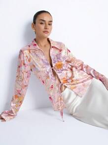 SHEIN Privé Women's Glossy Colorful Random Print Loose Fit Tie-Up Long Sleeve Shirt, Versatile Fall Cloth For Women - Pink - View 3