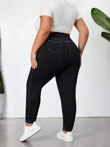 SHEIN CURVE+ Mallas ceñidas informales elásticas con pespuntes visibles para mujer tallas grandes, transpirables que absorben la humedad, para verano, con curvas, para vacaciones Hoho