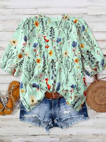 EMERY ROSE Plus Size Women Floral Print Notch V-Neck Puff Sleeve Casual Blouse,Valentine - Multicolor - View 2