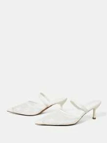 CUCCOO HITCHD Women's Elegant White Mesh & Lace Embroidery Pointed Toe Kitten Heel Mule Slip-On Sandals, Romantic Fashion High Heels For Wedding, Party, Date Night And Other Formal Occasions - White - View 4