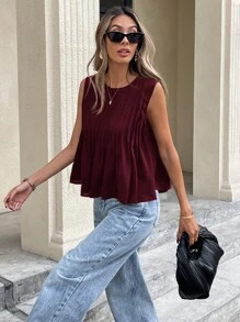 Serisse 女士纯色圆领荷叶边下摆休闲无袖衬衫