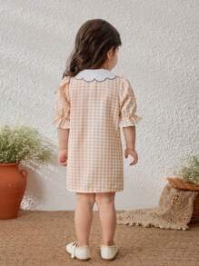 Blossori Baby Girls Ruffle Collar Rabbit Embroidered Front Placket A-Line Dress - Khaki - View 2