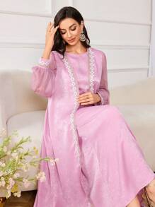 Al Najma Conjunto modesto de vestido de gasa con encaje en la parte delantera, chaleco y bata exterior de estilo abaya, con mangas de acetato de terciopelo gris-azul y diseño de parches