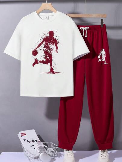 SHEIN 2pcs Teen Boys Casual Short Sleeve Tee & Long Pants Suit, Street Punk Rock Teen College Daily Outfits, Suitable For Spring & Summer, Music Festival, Party, Sports & Basketball, Black & White