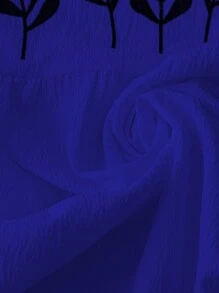 Linhara 大码女式黑色花卉刺绣圆领盖袖休闲度假衬衫 - 藍色 - 查看 4