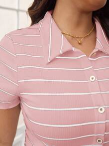 SHEIN Frenchy Plus Elegant, Office, Stylish, Comfortable And Simple,Teacher,Striped Print Button Front Tee,Short Sleeves