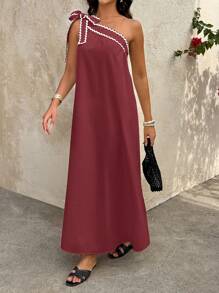 Breezaya Vestido largo holgado de mujer con volantes ondulados - Burdeos - Ver 4