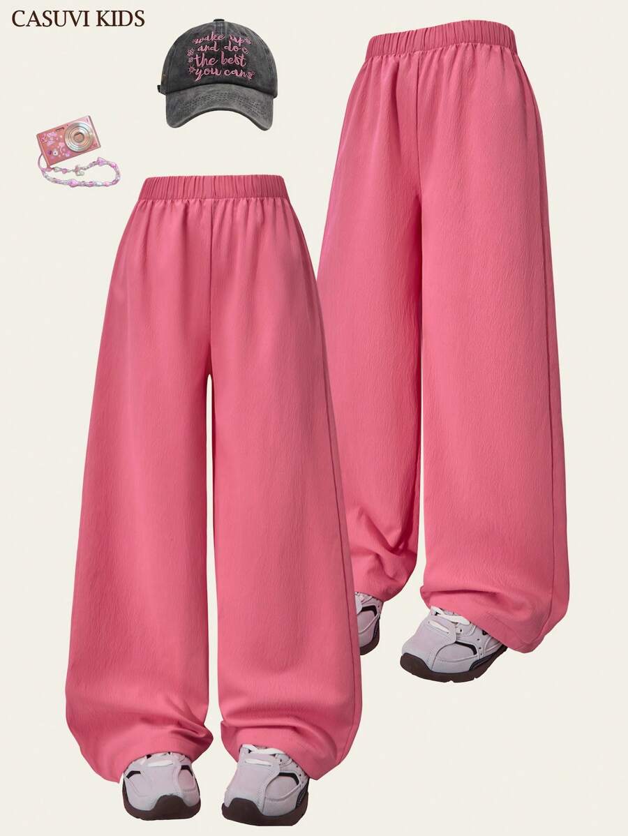 SHEIN Explorewe 1 pieza Pantalones largos casuales y cómodos de tela texturizada blanca de alta calidad para niñas preadolescentes, nueva llegada de verano - Rosa coral - Ver 1