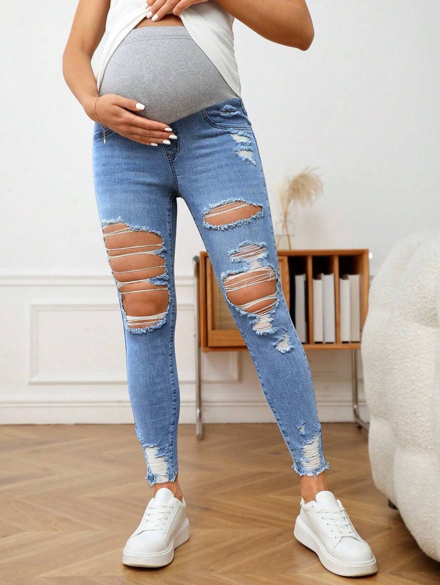 SHEIN Adjustable Waist Ripped Skinny Maternity Jeans, Casual & Versatile - Medium Wash - View 1