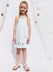 SHEIN 年轻女孩花卉印花褶饰休闲吊带背心连衣裙 - 彩色 - 查看 2