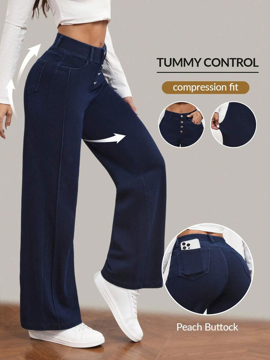 SHEIN PETITE Women's Button Front Pocket Wide Leg Loose Casual Jeans