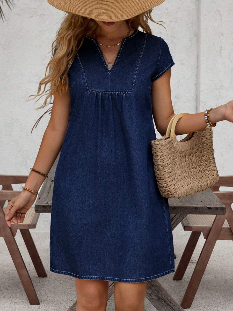 EMERY ROSE Women Casual Loose Denim Dress With V-Neck, Straight - Dark Wash - View 1