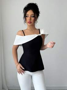 Elenzga Women's Fashionable & Elegant Asymmetrical Collar Contrast Color Blouse