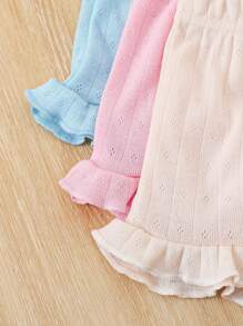 Souflis 3pcs/Set Baby Girl Casual Loose Comfy Shorts Set, Soft & Skin-Friendly Hollow-Out Floral Textured Knitted Elastic Waist Ruffle Trim, Pink & White Solid Color, Multi Color Options, High Cost-Effective, Suitable For Spring/Summer Home/Outing/Vacation - Multicolor - View 3