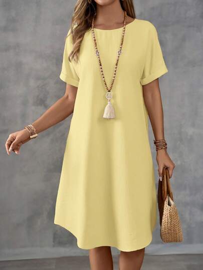 EMERY ROSE Women's Solid Color Short Sleeve Dress, Fashionable For Summer,Summer Dresses For Women