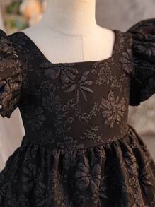 SHEIN Young Girl Solid Color Floral Jacquard Ruffle Trim Fitted Dress - Black - View 3