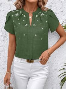 SHEIN Clasi Women's Casual Green Polyester Blouse With Notched Neckline, Short Puff Sleeves, And Delicate Floral Embroidery Detail - Green - View 6