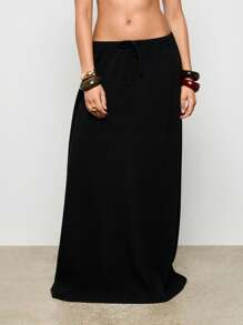 AiiRZ Falda larga tipo maxi con efecto de lino y cintura con cordón, fluida y larga para el verano, casual, de playa, vacaciones, estilo bohemio, hasta el suelo, tipo línea A, para usar de resort