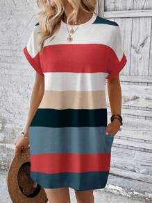 SHEIN LUNE Casual Striped Pattern Round Neck Short Sleeve Crop Dress, Suitable For Summer,Summer Dresses For Women Chic Dress