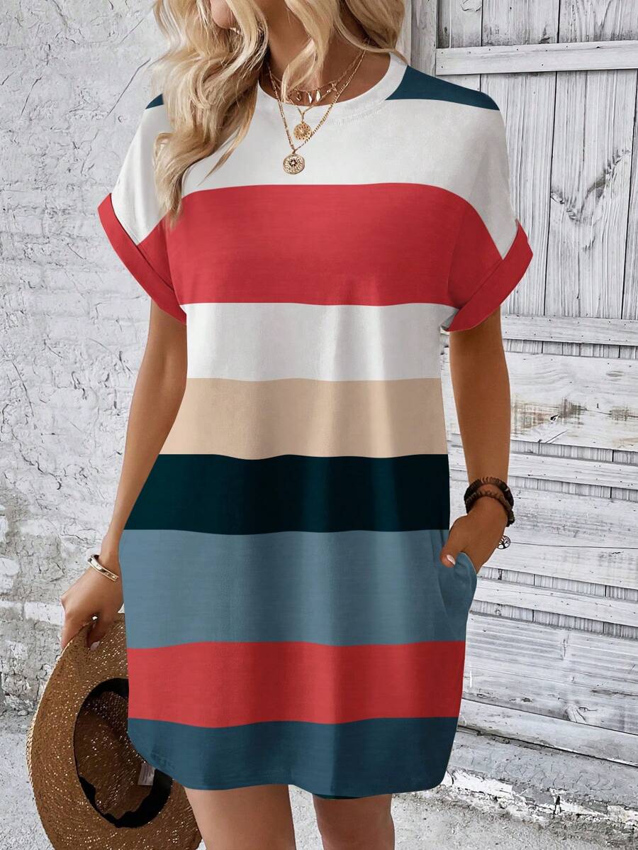 SHEIN LUNE Casual Striped Pattern Round Neck Short Sleeve Crop Dress, Suitable For Summer,Summer Dresses For Women Chic Dress