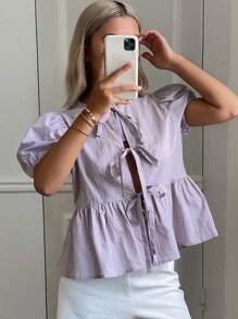 Livesso Nuova camicia estiva casual e ampia da spiaggia e resort, con fiocco, volant e stile baby doll per le donne