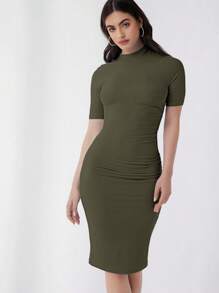 SHEIN Essnce Women Knitted Solid Short Sleeve Dress, Fashionable For Summer - Army Green - View 5