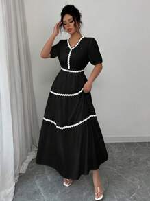 Elenzga Vestido estilo línea A con parches de cinta elegante para el verano - Negro - Ver 4