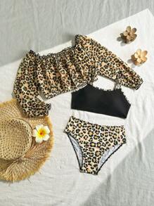Tween Girls 2 Pieces Leopard Print Patchwork Bikini Set With Cover-Up Top - Multicolor - View 3