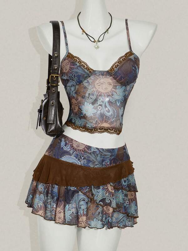 SHEIN ICON 2pcs/Set Vintage Lace Splice Mesh Low Waist Layered Skirt