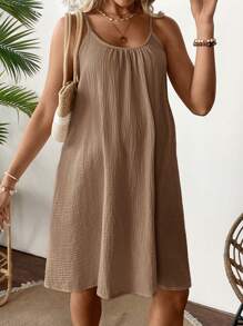 SHEIN Pregnant Women Summer Casual Solid Color Sling Dress Maternity Dress