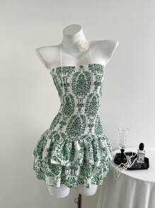 Elamini Summer Fashion All-Over Print Strapless Ruffle Trim Mini Dress - Multicolor - View 5