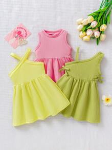 SHEIN Playful Pals 3pcs/Set Baby Girls Fashionable Dopamine Color Design Sleeveless Dress Set, Ideal For Outdoor In Summer - Multicolor - View 4