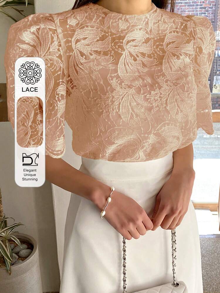 Women Lace Puff Sleeve Solid Color Round Neck Elegant Short Sleeve T-Shirt Sheer