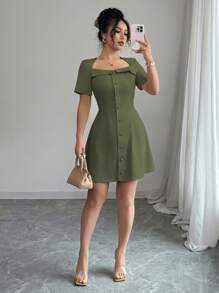 Elenzga Women's Elegant Commuter Trapeze Collar Ruffle Button Front Waist A-Line Mini Dress, Spring/Summer - Army Green - View 6