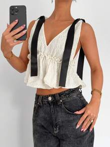 Siren Gaze Women's Fashionable Bow Decor Sleeveless Top, Summer Casual - Apricot - View 3