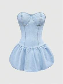 ROMWE Grunge Punk Y2K Sexy Women Crop Top & Denim Bubble Skirt Set - Baby Blue - View 1